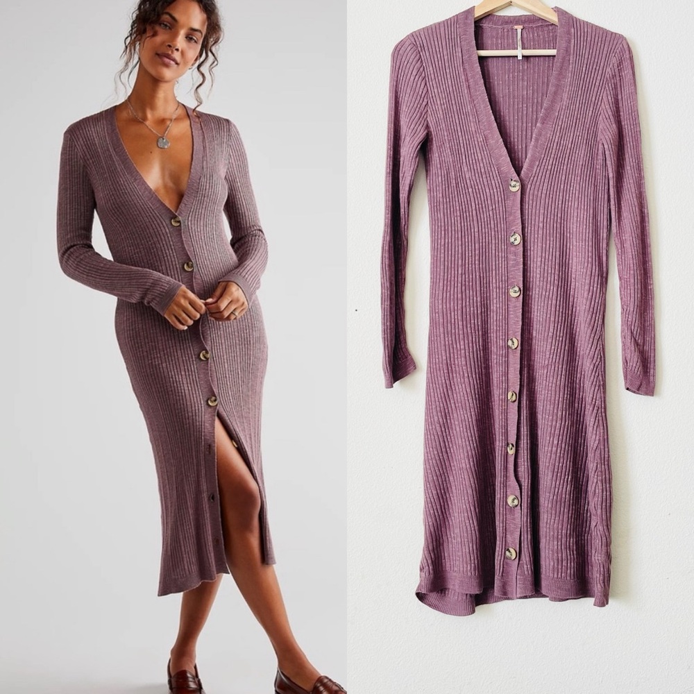 Free People SMALL Date Night knit ribbed button down cardigan in Roan Rouge